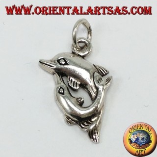 Silver pendant two dolphins spinning