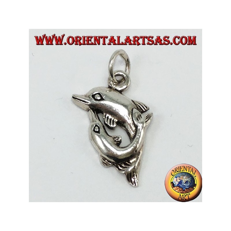 Silver pendant two dolphins spinning