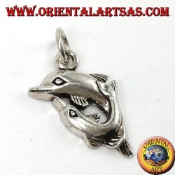 Silver pendant two dolphins spinning