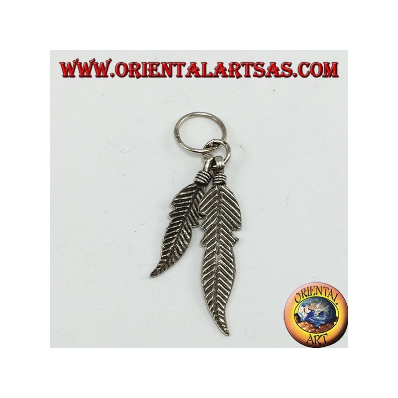 Silver pendant with two Native American style feathers