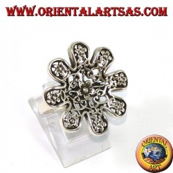Silver ring in the shape of a flower with pierced roses