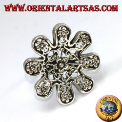 Silver ring in the shape of a flower with pierced roses