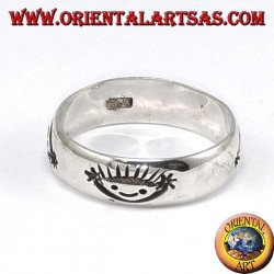 Silver band ring, carved smile
