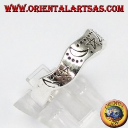 Corrugated silver ring with hand-carved star and moons