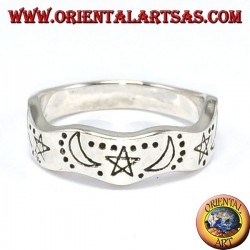 Corrugated silver ring with hand-carved star and moons