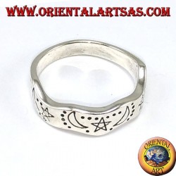 Corrugated silver ring with hand-carved star and moons