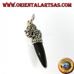 Silver dragon head pendant with onyx tip