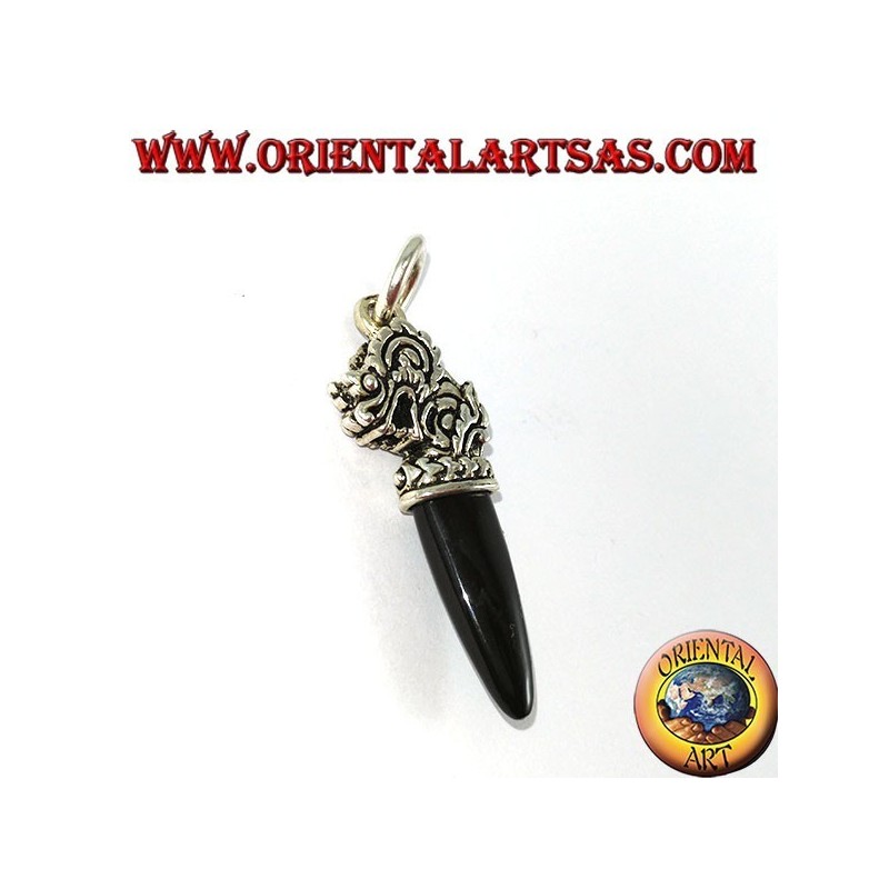 Silver dragon head pendant with onyx tip
