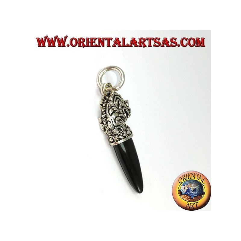 Silberner Drachenkopf Anhänger mit Onyx Spitze