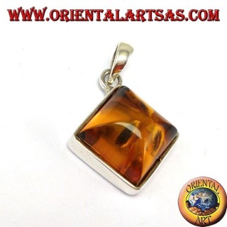 Silver pendant with square amber mounted in rhombus