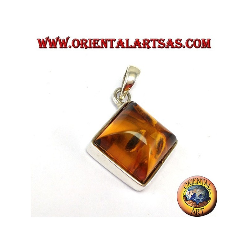 Silver pendant with square amber mounted in rhombus