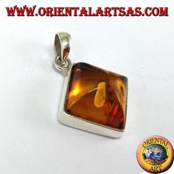 Silver pendant with square amber mounted in rhombus