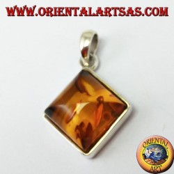 Silver pendant with square amber mounted in rhombus
