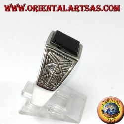 Silver ring with square onyx with Aztec engraving on the sides