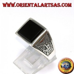Silver ring with square onyx with Aztec engraving on the sides
