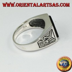 Silver ring with square onyx with Aztec engraving on the sides