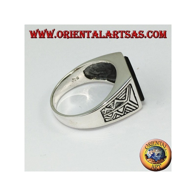 Silver ring with square onyx with Aztec engraving on the sides