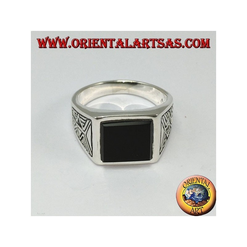 Silver ring with square onyx with Aztec engraving on the sides