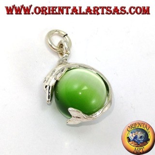 Silver dolphin pendant with green cat's eye ball