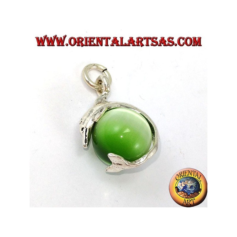 Silver dolphin pendant with green cat's eye ball