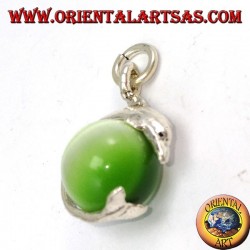 Silver dolphin pendant with green cat's eye ball