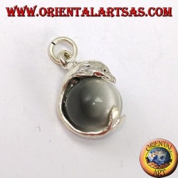 Silver dolphin pendant with gray cat eye ball