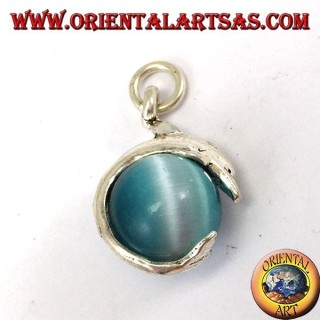 Silver dolphin pendant with gray cat eye ball