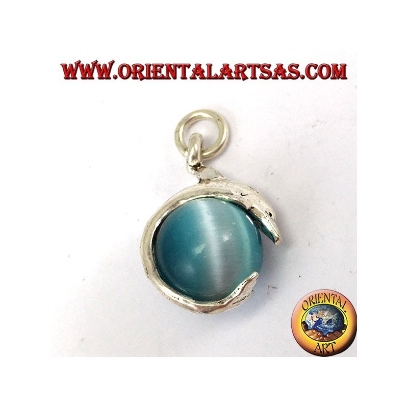 Silver dolphin pendant with gray cat eye ball