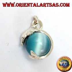 Silver dolphin pendant with gray cat eye ball