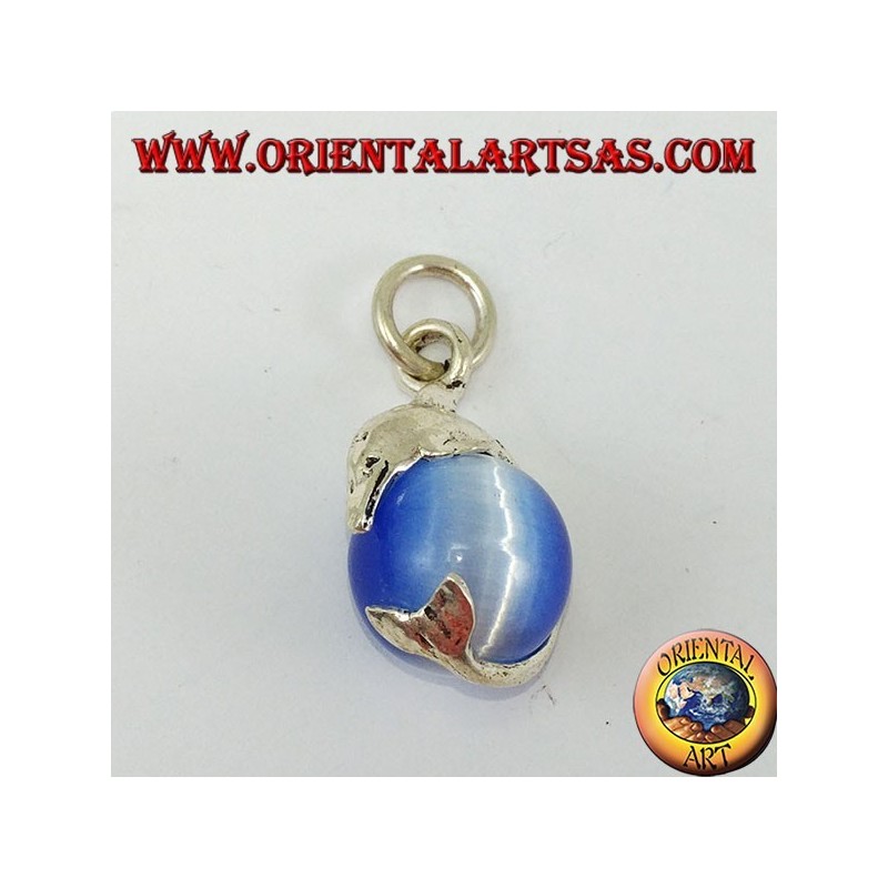 Silver dolphin pendant with sphere in light blue cat's eye