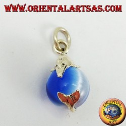 Silver dolphin pendant with sphere in light blue cat's eye