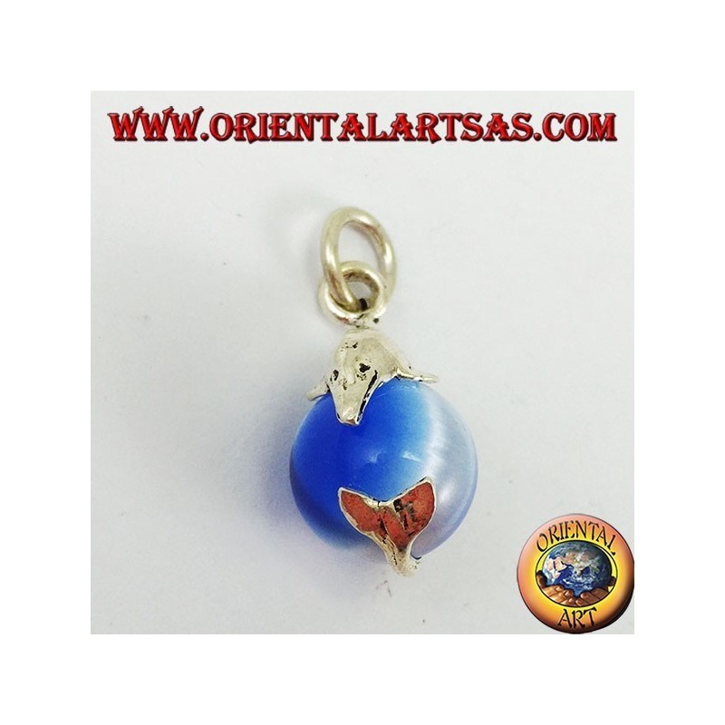 Silver dolphin pendant with sphere in light blue cat's eye