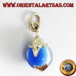 Silver dolphin pendant with sphere in light blue cat's eye