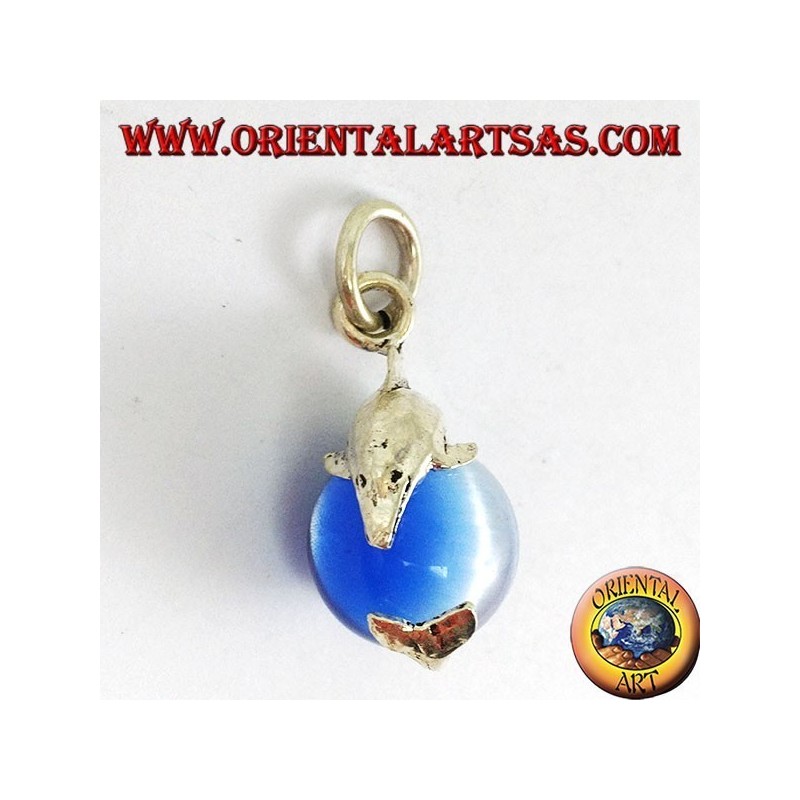 Silver dolphin pendant with sphere in light blue cat's eye
