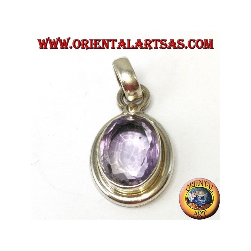 Pendentif en argent avec améthyste ovale naturelle avec cadre simple