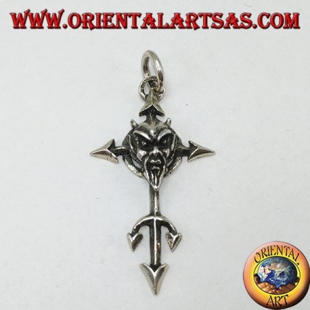 Ciondolo  in argento il volto del diavolo sulla croce