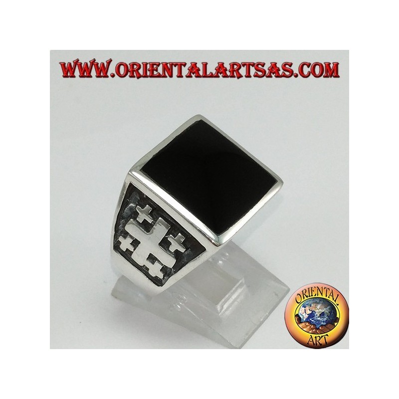 Silver ring cross of Jerusalem with onyx (large)