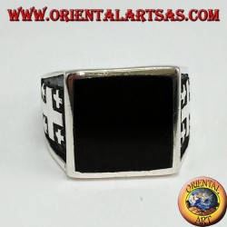 Silver ring cross of Jerusalem with onyx (large)