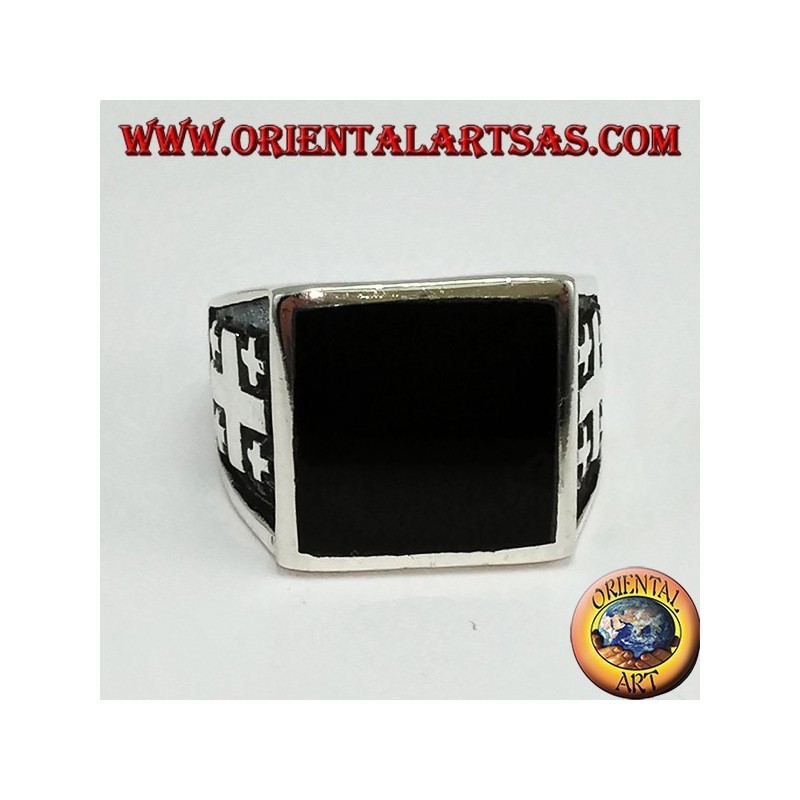 Silver ring cross of Jerusalem with onyx (large)