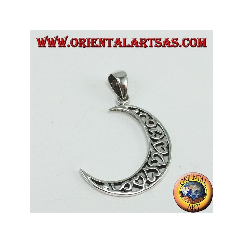 Silver pendant, moon filled with hearts
