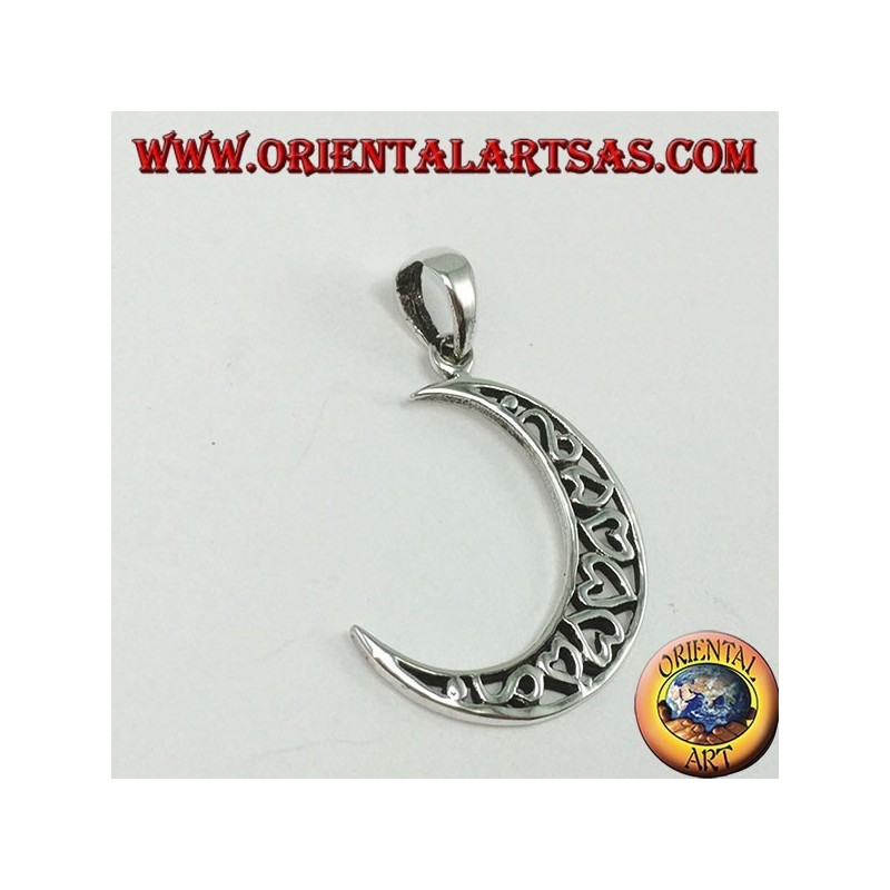 Silver pendant, moon filled with hearts