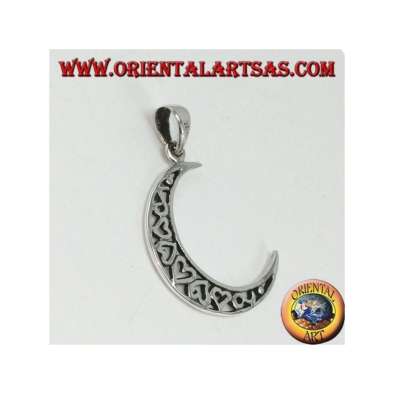 Pendentif en argent, lune remplie de coeurs