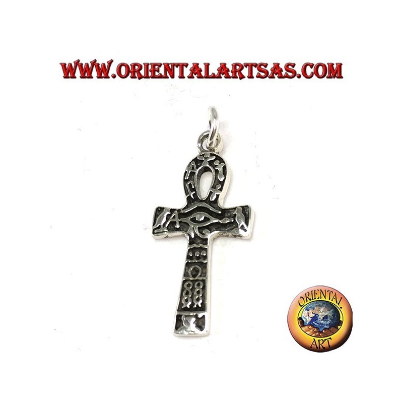 Pendentif en argent croisé ankh oeil d'horus et avec hiéroglyphes