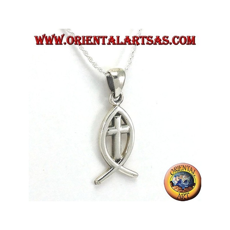 Ciondolo in argento Ichthys simbolo della cristianità con croce