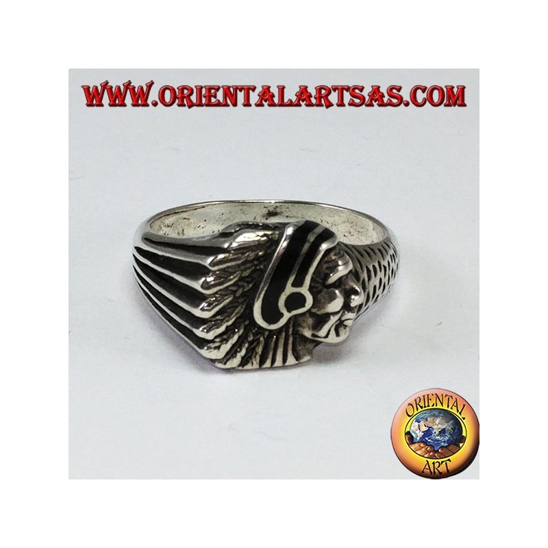 Silver ring with Indian head with black enamel native to America