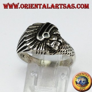 Anillo de plata con cabeza india con esmalte negro nativo de América