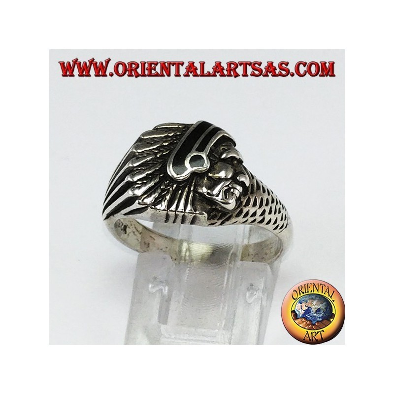 Anillo de plata con cabeza india con esmalte negro nativo de América