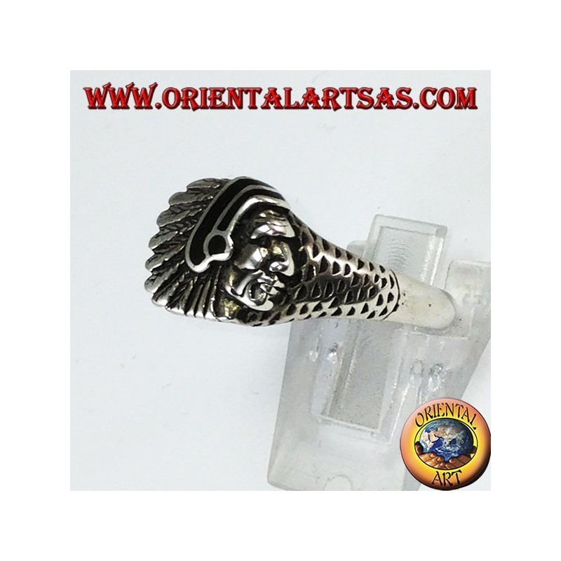 Bague en argent avec tête indienne et émail noir originaire d'Amérique