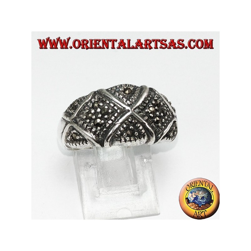 Silver ring with marcasite rounded band divided to X