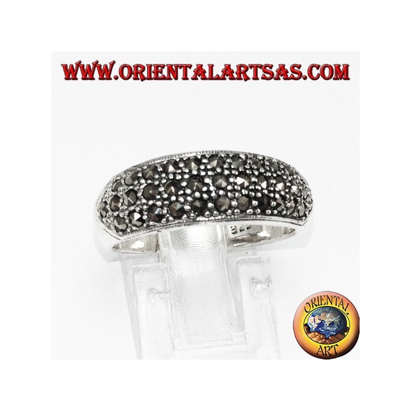 Silver ring with a rounded band with three rows of marcasite